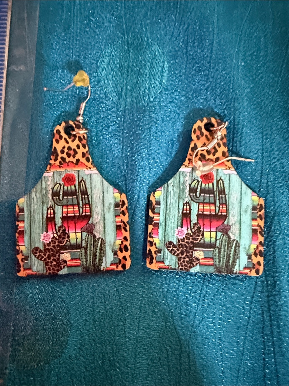 Leopard Border Turquoise Cactus Pattern Earrings - Unbranded